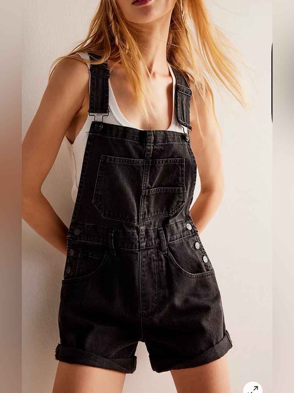 Free People Washed Black Denim Short Overalls